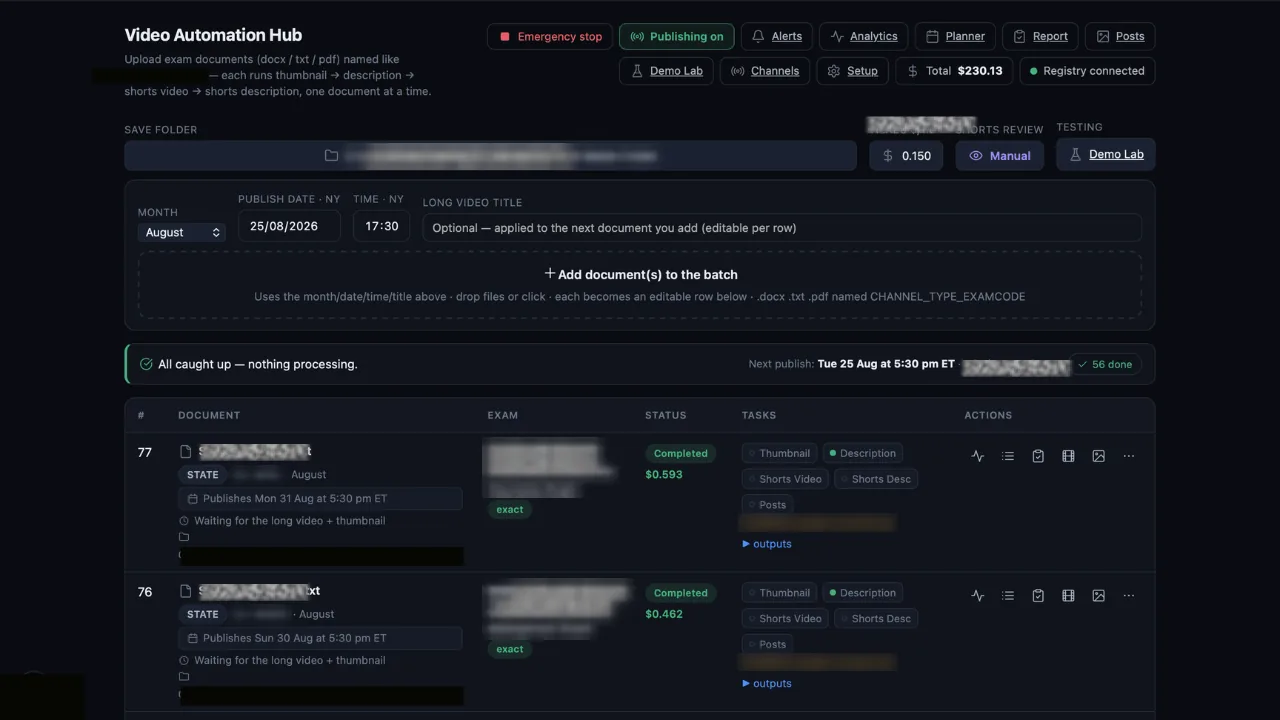 The operator screen of a client content system: a document upload area, publish date and time controls, and a queue of documents each showing its stage, the pieces produced for it and its run cost.